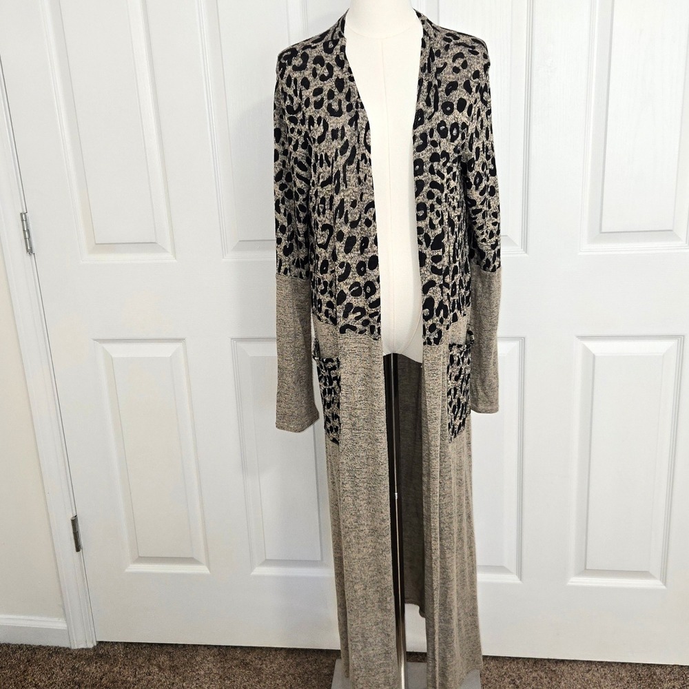 Myesper Apparel Duster Cardigan Women XL Grey Leopard Print Mixed Media Maxi